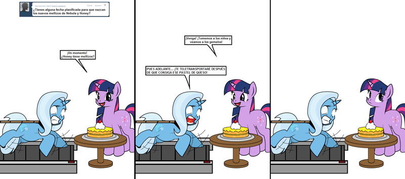 Size: 1810x800 | Tagged: safe, artist:dekomaru, derpibooru import, edit, trixie, twilight sparkle, pony, unicorn, tumblr:ask twixie, ask, cake, cheesecake, comic, female, food, lesbian, shipping, spanish, translation, treadmill, tumblr, twixie