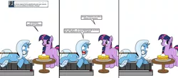 Size: 1810x800 | Tagged: safe, artist:dekomaru, derpibooru import, edit, trixie, twilight sparkle, pony, unicorn, tumblr:ask twixie, ask, cake, cheesecake, comic, female, food, lesbian, shipping, spanish, translation, treadmill, tumblr, twixie