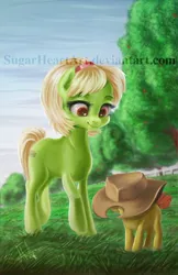 Size: 900x1393 | Tagged: safe, artist:sugarheartart, derpibooru import, bright mac, granny smith, earth pony, pony, adorasmith, brightabetes, colt, cowboy hat, cute, female, hat, loving mother, male, mare, mother and son, stetson, watermark, young granny smith, younger