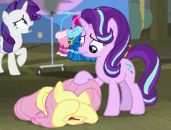 Size: 665x503 | Tagged: safe, derpibooru import, screencap, applejack, fluttershy, rarity, starlight glimmer, earth pony, pegasus, pony, unicorn, horse play, animated, blowing, bucket, clothes, comforting, costume, covering eyes, cropped, cute, duo focus, female, frown, mare, open mouth, petting, prone, raised hoof, running, sad, sadorable, scared, shyabetes, smoke, wide eyes, worried