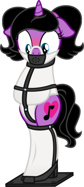 Size: 1888x4199 | Tagged: questionable, artist:nxzc88, derpibooru import, oc, oc:love song, unofficial characters only, pony, unicorn, blushing, bondage, bondage furniture, collar, female, floppy ears, gag, gibbet, high res, horn ring, legbinder, magic suppression, muzzle gag, show accurate, show accurate porn, simple background, solo, solo female, straitjacket, straps, transparent background, vector