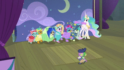 Size: 898x506 | Tagged: safe, derpibooru import, screencap, gallus, ocellus, princess celestia, sandbar, silverstream, smolder, spike, yona, alicorn, changedling, changeling, dragon, earth pony, gryphon, hippogriff, pony, yak, horse play, animated, clothes, costume, cute, cutelestia, dancing, director spike, dragoness, fake beard, fake ears, fake horn, female, hat, male, mare, nailed it, no sound, prosthetic butt, stage, student six, teenager, trapdoor, webm, wig