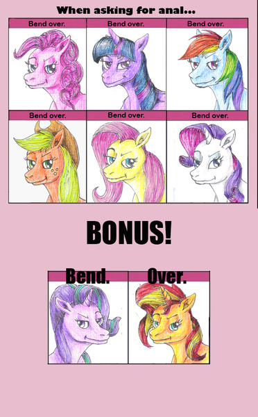 Size: 640x1032 | Tagged: suggestive, artist:edhelistar, derpibooru import, applejack, fluttershy, pinkie pie, rainbow dash, rarity, starlight glimmer, sunset shimmer, twilight sparkle, earth pony, pony, unicorn, 6 pony meme, bedroom eyes, bend over, bust, exploitable meme, female, femdom, implied anal, implied double penetration, implied sex, mane six, mare, meme, portrait, raised eyebrow, traditional art, up to eleven