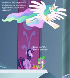 Size: 648x720 | Tagged: safe, derpibooru import, edit, edited screencap, screencap, princess celestia, spike, twilight sparkle, twilight sparkle (alicorn), alicorn, dragon, pony, horse play, animation error, apple, canterlot castle, cropped, cute, cutelestia, female, flying, food, grapes, happy, implied pinkie pie, implied sugar belle, male, mare, prancelestia