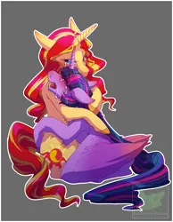 Size: 1750x2250 | Tagged: safe, artist:pastel-pony-pictures, deleted from derpibooru, derpibooru import, sunset shimmer, twilight sparkle, twilight sparkle (alicorn), alicorn, pony, unicorn, fanfic, colored wings, crying, eyes closed, fanfic art, female, gradient wings, hug, lesbian, mare, shipping, story included, sunsetsparkle