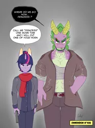 Size: 2545x3414 | Tagged: adult, adult spike, alternate universe, anthro, artist:0ndshok, bandage, belt, cigarette, clothes, derpibooru import, eye scar, gun, hand in pocket, horns, older, older spike, safe, scar, scarf, speech bubble, spike, twilight sparkle, weapon