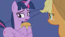 Size: 960x540 | Tagged: alicorn, applejack, burger, derpibooru import, edit, edited screencap, food, hay burger, horse play, safe, screencap, twilight burgkle, twilight sparkle, twilight sparkle (alicorn), wing gesture, wing hands