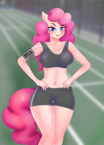 Size: 2000x2800 | Tagged: anthro, artist:seaofsin, belly button, breasts, cameltoe, derpibooru import, exercise, female, hands on waist, headphones, midriff, phone, pinkie pie, questionable, solo, standing