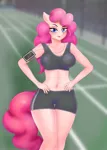 Size: 2000x2800 | Tagged: anthro, artist:seaofsin, belly button, breasts, cameltoe, derpibooru import, exercise, female, hands on waist, headphones, midriff, phone, pinkie pie, questionable, solo, standing