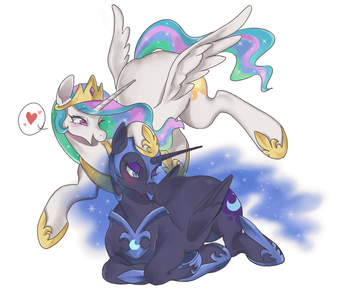 Size: 1746x1521 | Tagged: safe, artist:jus+ice, derpibooru import, nightmare moon, princess celestia, alicorn, pony, armor, blushing, crown, cute, cutelestia, cutie mark, duo, ethereal mane, female, flying, heart, helmet, hoof shoes, jewelry, mare, moonabetes, regalia, royal sisters, simple background, sisterly love, sisters, sparkly mane, speech bubble, spread wings, starry mane, white background