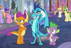 Size: 941x637 | Tagged: safe, derpibooru import, screencap, auburn vision, berry blend, berry bliss, huckleberry, princess ember, smolder, spike, summer breeze, dragon, earth pony, pegasus, pony, school daze, annoyed, baby dragon, c:, claws, cropped, crossed arms, dragoness, female, friendship student, frown, glare, hand on hip, horns, lidded eyes, male, mare, narrowed eyes, slit eyes, smiling, smolder is not amused, stallion, teenaged dragon, teenager, trio, trio focus, unamused, unimpressed