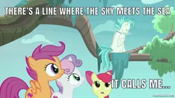 Size: 800x450 | Tagged: safe, derpibooru import, edit, edited screencap, screencap, apple bloom, scootaloo, sweetie belle, terramar, classical hippogriff, earth pony, hippogriff, pegasus, pony, unicorn, surf and/or turf, cutie mark crusaders, female, filly, how far i'll go, image macro, meme, moana, sitting in a tree, song reference, tree