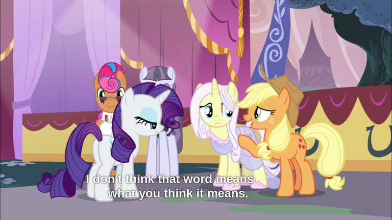 Size: 1366x768 | Tagged: applejack, derpibooru import, honest apple, inky rose, lily lace, rarity, safe, screencap, starstreak, subtitles, the princess bride referance, you keep using that word