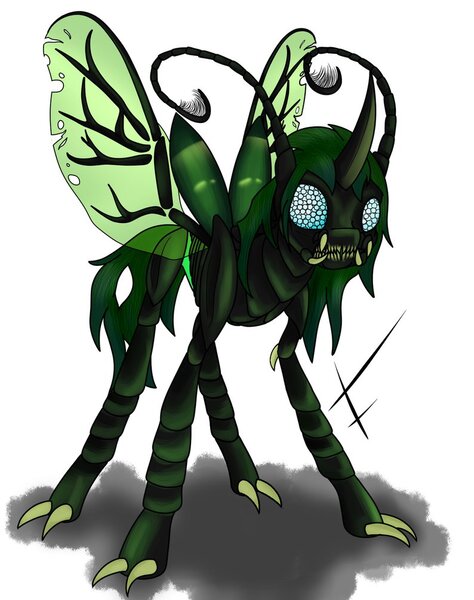 Size: 794x1006 | Tagged: antennae, artist:fullmoondagger, bug eyes, changeling, changeling oc, claws, compound eyes, derpibooru import, mandibles, oc, oc:evolioz, safe, simple background, solo, unofficial characters only, white background