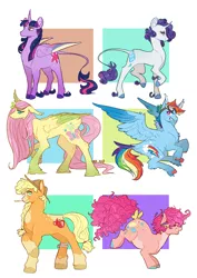 Size: 2893x4092 | Tagged: safe, artist:roscoethepotatoman, derpibooru import, applejack, fluttershy, pinkie pie, rainbow dash, rarity, twilight sparkle, twilight sparkle (alicorn), alicorn, earth pony, pegasus, pony, unicorn, alternate design, alternate hairstyle, bow, braid, colored hooves, colored wings, cowboy hat, curved horn, ear fluff, eyes closed, female, goggles, hair bow, hat, image, leonine tail, looking at you, mane six, mare, png, redesign, smiling, twitterina design, unshorn fetlocks