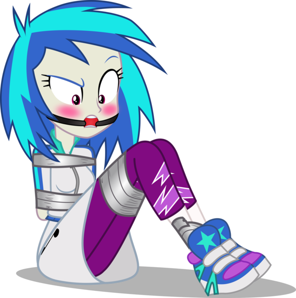 Size: 2976x3000 | Tagged: suggestive, artist:applec1234, deleted from derpibooru, derpibooru import, vinyl scratch, equestria girls, ballgag, blushing, bondage, box tied, breasts, clothes, confused, female, gag, legs tied, looking down, shoes, show accurate, simple background, sneakers, solo, solo female, tape, tape bondage, transparent background, vector