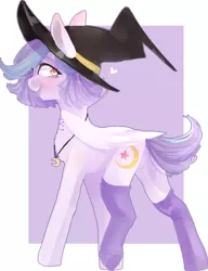 Size: 1024x1330 | Tagged: safe, artist:emily-826, derpibooru import, oc, oc:shylu, pegasus, pony, clothes, female, hat, mare, socks, solo, witch hat