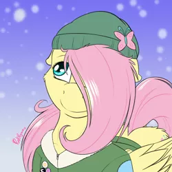 Size: 2000x2000 | Tagged: safe, artist:punk-pegasus, derpibooru import, fluttershy, pegasus, pony, beanie, clothes, cute, female, floppy ears, folded wings, hair over one eye, hat, jacket, looking away, looking up, mare, shyabetes, smiling, snow, solo