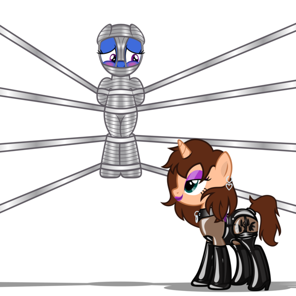 Size: 3000x3000 | Tagged: questionable, artist:applec1234, deleted from derpibooru, derpibooru import, oc, oc:chloe adore, oc:lapis vector, unofficial characters only, pegasus, pony, unicorn, arm behind back, blushing, bodysuit, bondage, box tied, choker, clothes, duct tape, duo, duo female, ear piercing, earring, eyeshadow, female, females only, gloves, jewelry, latex, latex boots, latex gloves, latex socks, latex suit, leotard, lingerie, lipstick, makeup, mane covered, piercing, rubber, rubber suit, show accurate, simple background, socks, suspended, tape, tape bondage, transparent background, vector