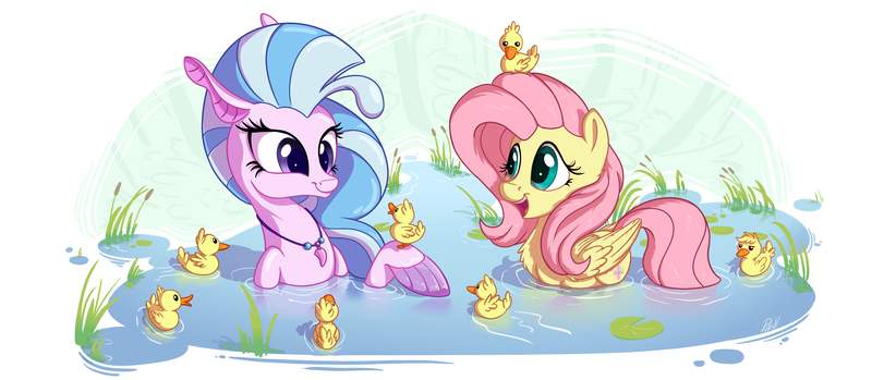 Size: 4000x1744 | Tagged: safe, alternate version, artist:pirill, derpibooru import, fluttershy, silverstream, duck, duck pony, pegasus, pony, seapony (g4), school daze, abstract background, chest fluff, cute, diastreamies, duckling, female, fluffy, flutterduck, hoof hold, jewelry, lidded eyes, looking at something, looking down, mare, necklace, open mouth, shyabetes, simple background, smiling, swimming, white background