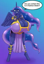 Size: 1711x2500 | Tagged: anthro, armband, artist:blues64, artist:mr.pink, big breasts, breasts, busty princess luna, cleavage, clothes, collar, derpibooru import, dialogue, female, huge breasts, implied princess celestia, impossibly large breasts, loincloth, princess luna, slave leia outfit, solo, solo female, speech bubble, suggestive, unguligrade anthro