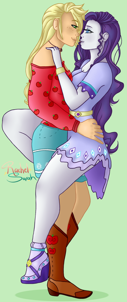 Size: 1102x2600 | Tagged: safe, artist:rachel-sarah, derpibooru import, applejack, rarity, equestria girls, legend of everfree, boho, clothes, female, humanized, lesbian, no more ponies at source, rarijack, shipping, shorts