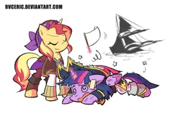 Size: 1575x1005 | Tagged: safe, artist:rvceric, derpibooru import, sunset shimmer, twilight sparkle, twilight sparkle (alicorn), alicorn, pony, unicorn, equestria girls, movie magic, my little pony: the movie, spoiler:eqg specials, clothes, defeated, duo, eyes closed, female, glowing horn, magic, mare, pirate, pirate outfit, pirate ship, pirate twilight, simple background, stars, sunshim, swirly eyes, telekinesis, white background, white flag, wingding eyes