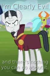 Size: 233x353 | Tagged: caption, chancellor neighsay, changedling, changeling, cropped, derpibooru import, edit, edited screencap, eea is corrupt, king thorax, malicious expression, safe, school daze, screencap, text, thorax