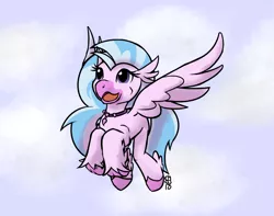 Size: 1200x946 | Tagged: safe, artist:brownie-bytes, derpibooru import, silverstream, classical hippogriff, hippogriff, school daze, female, flying, jewelry, necklace, signature