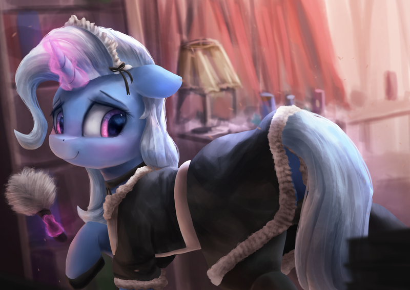 Size: 3600x2550 | Tagged: safe, artist:vanillaghosties, derpibooru import, trixie, pony, unicorn, backlighting, blushing, clothes, curtains, cute, detailed, diatrixes, duster, female, floppy ears, glowing horn, high res, hoof shoes, horn, indoors, lamp, levitation, looking at you, looking back, looking back at you, magic, maid, maid headdress, mare, raised hoof, smiling, solo, telekinesis, uniform