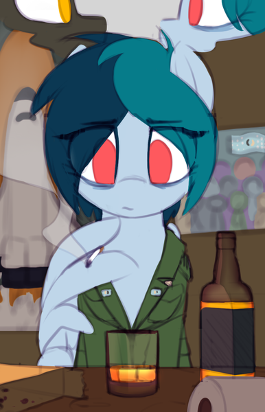 Size: 802x1248 | Tagged: safe, artist:shinodage, derpibooru import, oc, oc:delta vee, unofficial characters only, pegasus, pony, fanfic, booze, cigarette, clothes, fanfic art, female, jacket, mare, smoking, solo, thought bubble, wing hands