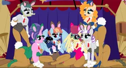 Size: 11000x6000 | Tagged: suggestive, artist:evilfrenzy, derpibooru import, cloudy quartz, cookie crumbles, pear butter, posey shy, twilight velvet, windy whistles, oc, oc:frenzy, anthro, earth pony, pegasus, plantigrade anthro, unicorn, absurd resolution, age regression, baby, bedroom eyes, breasts, bunny suit, busty cloudy quartz, busty cookie crumbles, busty pear butter, busty posey shy, busty twilight velvet, busty windy whistles, cleavage, clothes, cookie, cuffs (clothes), female, foal, food, high heels, lucky bastard, makeup, milf, milf six, mom six, necktie, shoes