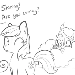 Size: 1650x1650 | Tagged: safe, artist:tjpones, derpibooru import, queen chrysalis, shining armor, changeling, changeling queen, bush, double entendre, ear fluff, female, grayscale, hiding, hugs 4 bugs, male, missing horn, monochrome, offscreen character, phone number, simple background, stalker, stalking, stallion, sweat, white background