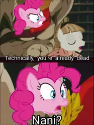 Size: 1076x1440 | Tagged: derpibooru import, edit, hokuto no ken, meme, mudbriar, nani, omae wa mou shindeiru, pinkie pie, safe, technically, the maud couple, you are already dead