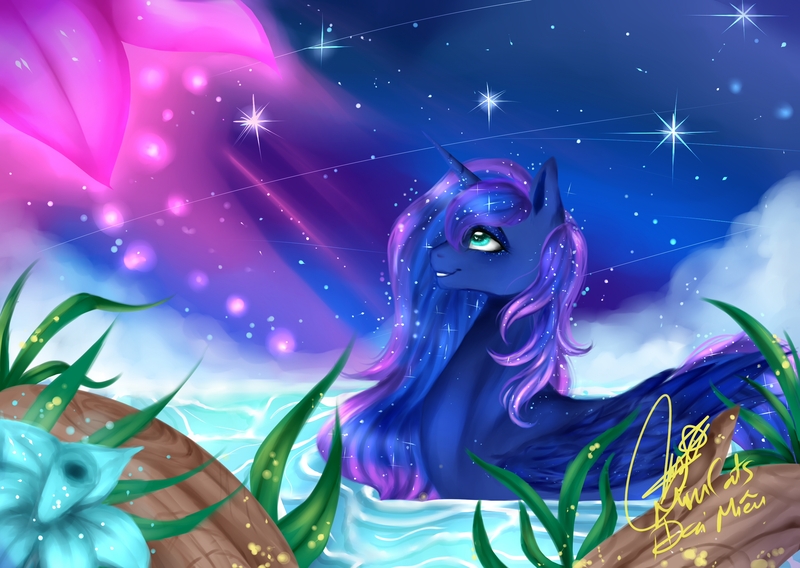 Size: 3000x2131 | Tagged: safe, artist:misucats, derpibooru import, princess luna, alicorn, duck pony, pony, dream, dream walker luna, ethereal mane, female, looking up, mare, smiling, solo, starry mane, starry night, stars, water