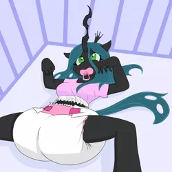 Size: 2000x2000 | Tagged: adult foal, anthro, artist:rinonno, breasts, crib, derpibooru import, diaper, diaper fetish, female, fetish, infantilism, pacifier, poofy diaper, queen chrysalis, solo, solo female, suggestive