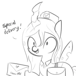 Size: 1650x1650 | Tagged: safe, artist:tjpones, derpibooru import, queen chrysalis, changeling, changeling queen, dialogue, female, grayscale, hat, hoof hold, letter, love letter, mail, mailmare, monochrome, simple background, sketch, solo, white background