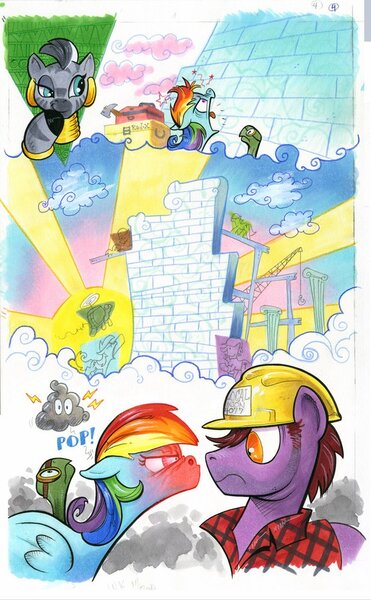 Size: 618x1000 | Tagged: safe, artist:andypriceart, derpibooru import, idw, plumb bob, rainbow dash, tank, zecora, earth pony, pegasus, pony, tortoise, zebra, angry, circling stars, construction, dreary, hard hat, pain