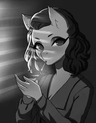 Size: 997x1280 | Tagged: safe, artist:glorious-rarien, derpibooru import, oc, unofficial characters only, anthro, earth pony, anthro oc, black and white, blouse, cigarette, clothes, female, grayscale, mare, monochrome, noir, short hair, smoking, solo