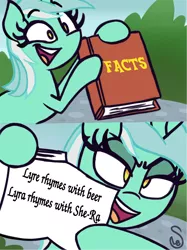 Size: 1014x1354 | Tagged: safe, artist:quarium edits, derpibooru import, edit, editor:fang, editor:redweasel, lyra heartstrings, pony, unicorn, 2 panel comic, bipedal, book, comic, ed edd n eddy, exploitable meme, female, glare, hoof hold, lidded eyes, lyra's fact book, mare, meme, op is wrong, open mouth, pointing, smiling, smirk, solo, template, twilight's fact book, wide eyes