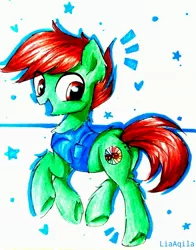 Size: 2322x2962 | Tagged: safe, artist:liaaqila, derpibooru import, oc, oc:pastel dice, unofficial characters only, earth pony, pony, clothes, commission, cute, cutie mark, fluffy, looking at you, male, red eyes, shirt, smiling, solo, stallion, stars, traditional art, trotting