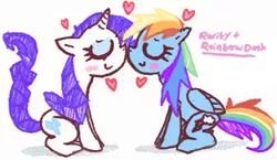 Size: 835x484 | Tagged: safe, artist:kainsword-shadowkan, color edit, derpibooru import, edit, rainbow dash, rarity, pegasus, pony, unicorn, blushing, colored, eyes closed, female, heart, lesbian, mare, nuzzling, raridash, shipping, sitting, smiling