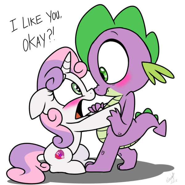 Size: 900x900 | Tagged: safe, artist:emositecc, derpibooru import, spike, sweetie belle, dragon, pony, unicorn, blushing, boop, confession, female, filly, looking at each other, love confession, male, noseboop, shipping, simple background, spikebelle, straight, subtle as a train wreck, transparent background
