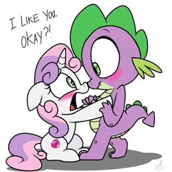 Size: 900x900 | Tagged: safe, artist:emositecc, derpibooru import, spike, sweetie belle, dragon, pony, unicorn, blushing, boop, confession, female, filly, looking at each other, love confession, male, noseboop, shipping, simple background, spikebelle, straight, subtle as a train wreck, transparent background