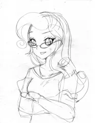 Size: 1024x1325 | Tagged: safe, artist:love2eategg, derpibooru import, rarity, equestria girls, black and white, glasses, grayscale, looking at you, monochrome, sketch, smiling