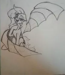 Size: 2938x3402 | Tagged: safe, artist:crazyparrot, derpibooru import, fluttershy, bat pony, pony, female, flutterbat, grayscale, looking at you, mare, monochrome, open mouth, race swap, raised leg, sketch, smiling, solo, spread wings, tongue out, traditional art, wings