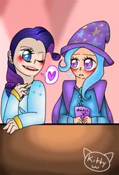 Size: 705x1036 | Tagged: artist:lazykittyartist, blushing, clothes, derpibooru import, fangs, female, heart, human, humanized, lesbian, looking at each other, one eye closed, pictogram, rarity, rarixie, safe, shipping, trixie, vampire, wink