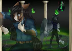 Size: 2150x1512 | Tagged: semi-grimdark, artist:theecchiqueen, deleted from derpibooru, derpibooru import, oc, oc:pandie, oc:walter nutt, unofficial characters only, anthro, earth pony, pegasus, anthro oc, clothes, death by coffee, dewclaw, fading, female, leonine tail, male, mare, oc x oc, pants, shipping, shirt, stallion, story in the source, straight