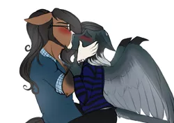 Size: 2150x1512 | Tagged: anthro, anthro oc, artist:theecchiqueen, blushing, clothes, death by coffee, derpibooru import, eyes closed, female, first kiss, kissing, male, oc, oc:pandie, oc:walter nutt, oc x oc, safe, shipping, simple background, straight, unofficial characters only