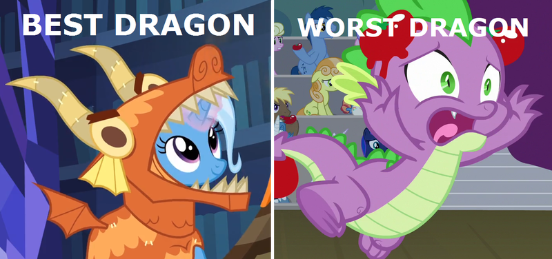 Size: 1420x668 | Tagged: abuse, derpibooru import, downvote bait, dragon, dragon costume, edit, edited screencap, go to sleep garble, horse play, safe, screencap, shitposting, spike, spikeabuse, trixie, truth, uncommon bond